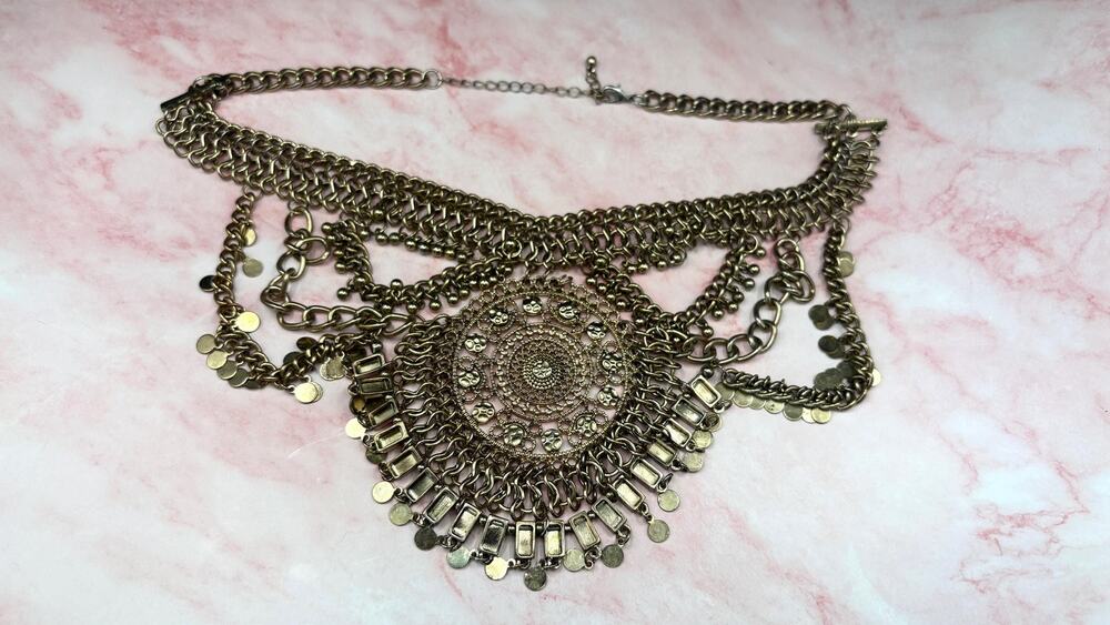 Vintage Boho Necklace Antiqued Bronze Multi Strand Collar Tribal Coin Medallion